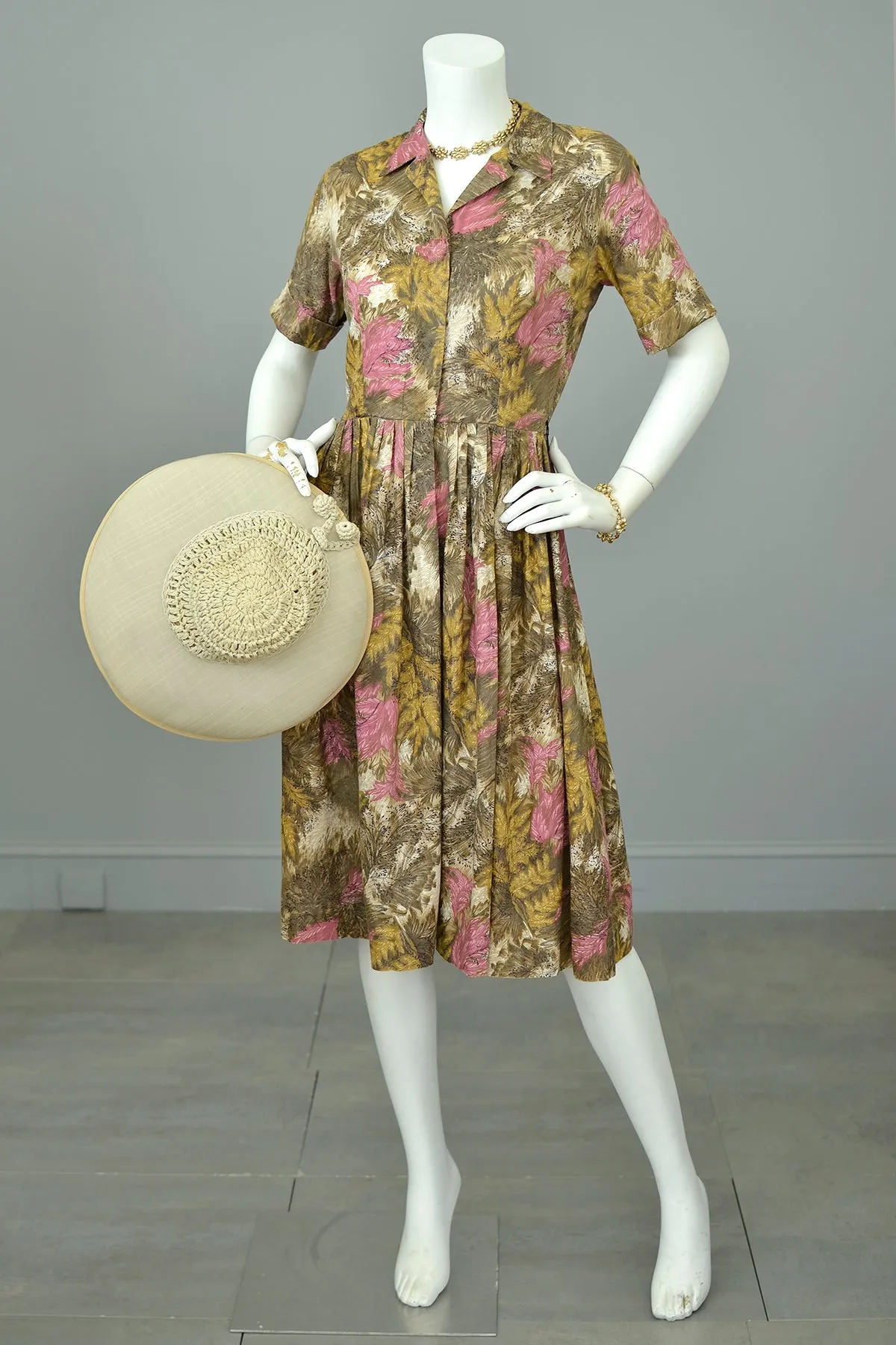 1950s Taupe Gold Pink Feathery Leaf Novelty Print Shirtwaist Dress