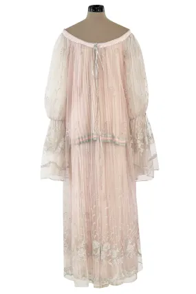 1976 Bill Gibb Couture Pleated Silk Chiffon Skirt w Metallic Thread Embroidered Silk Net Coat