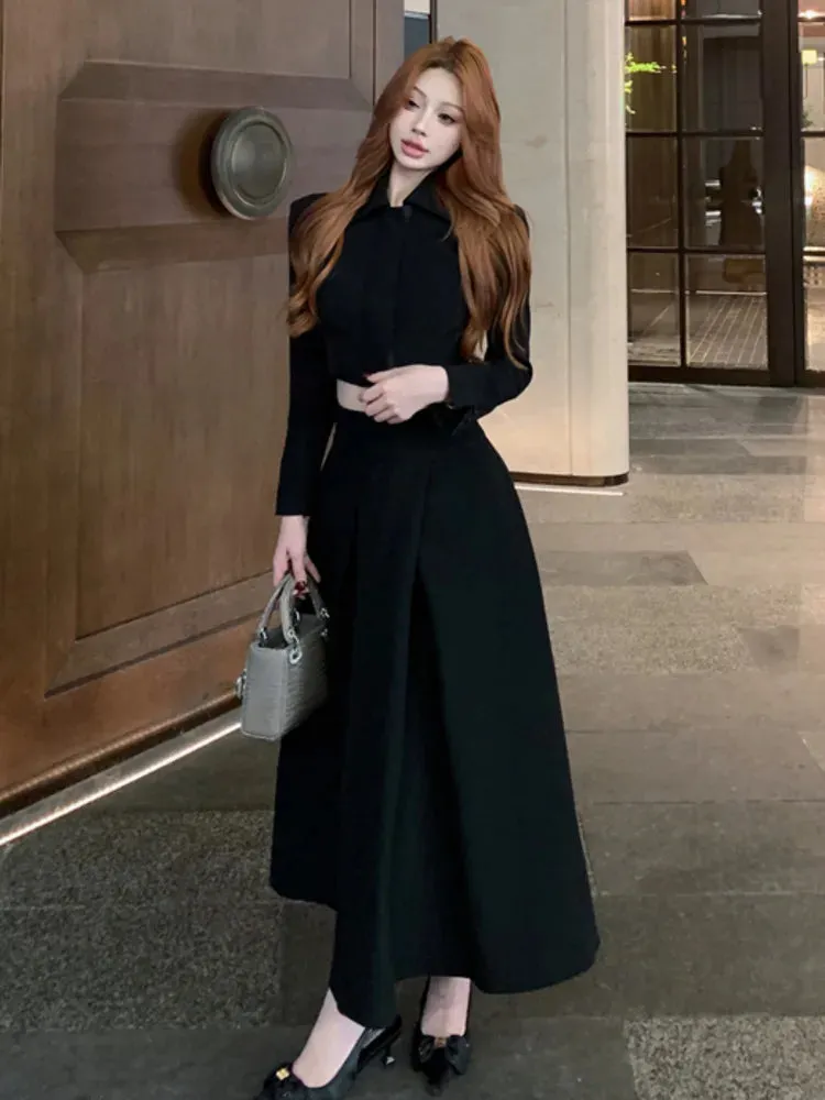 2024 Autumn New French Women's Elegant Fashion Two Piece Set Korean Casual Coat   Long Skirt Suits Female Conjuntos Femininos