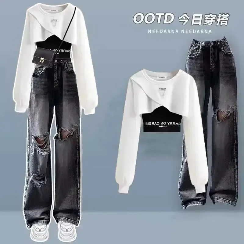 2024 Summer Korean Style Chain Decoration Long Sleeved Top with Perforated Jeans Two Piece Set for Female Students Sports Set