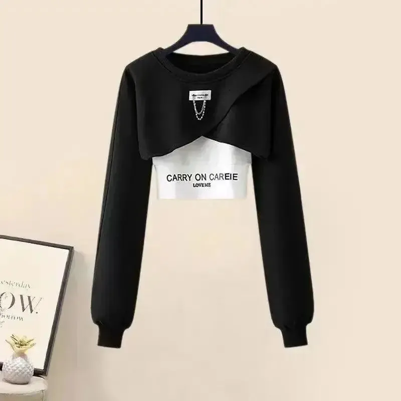 2024 Summer Korean Style Chain Decoration Long Sleeved Top with Perforated Jeans Two Piece Set for Female Students Sports Set