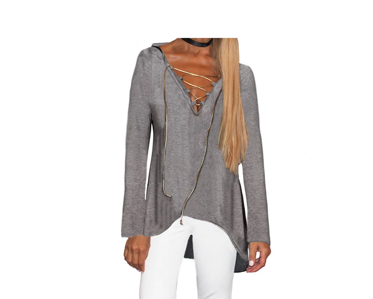 97 Gray Hoodie Lace Front Blouse/Tunic - The Pacific Palisades