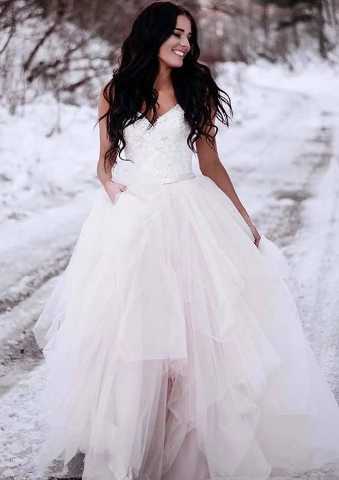 A-line V Neck Straps Hi Low Tulle Ruffles Lace Wedding Dress