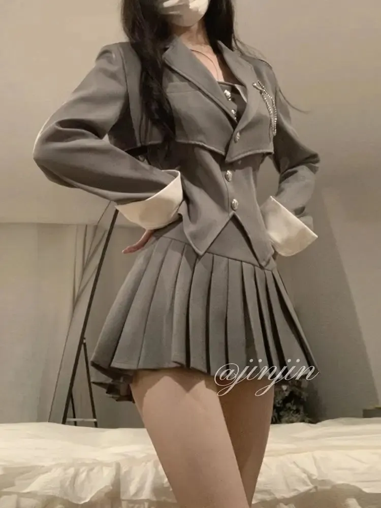 Academy Spicy Girl Bra Pleated Skirt Coat Three Piece Set Women Fashion French Korean Temperament Solid Chic Slim Spring Suit