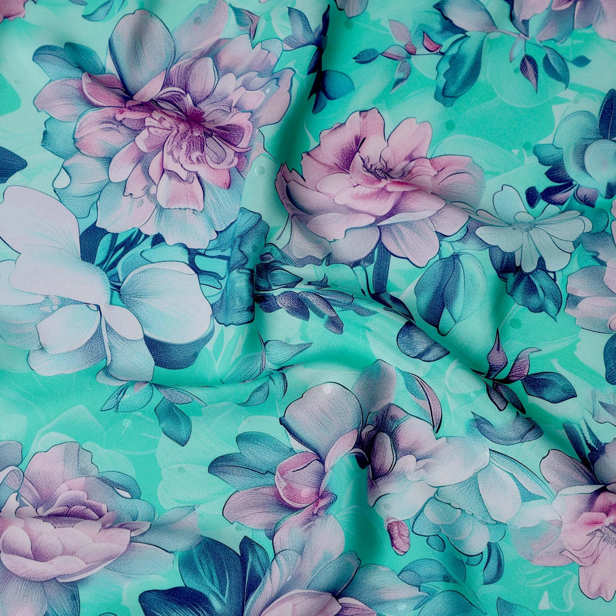 Aqua and Pink Floral Print Pure Silk Satin Fabric, 140 cm Width, Made in Italy -D21167