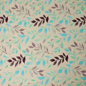 Aqua Blue and Purple Leaf Print Pure Silk Satin Fabric, 140 cm Width, Made in Italy -D21160