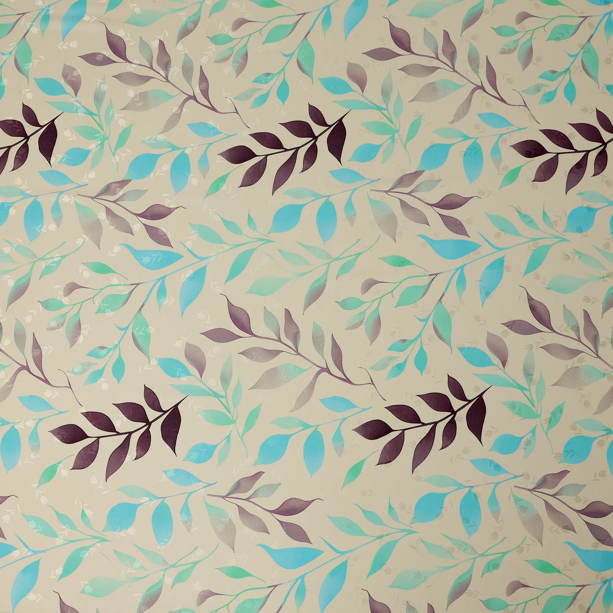 Aqua Blue and Purple Leaf Print Pure Silk Satin Fabric, 140 cm Width, Made in Italy -D21160