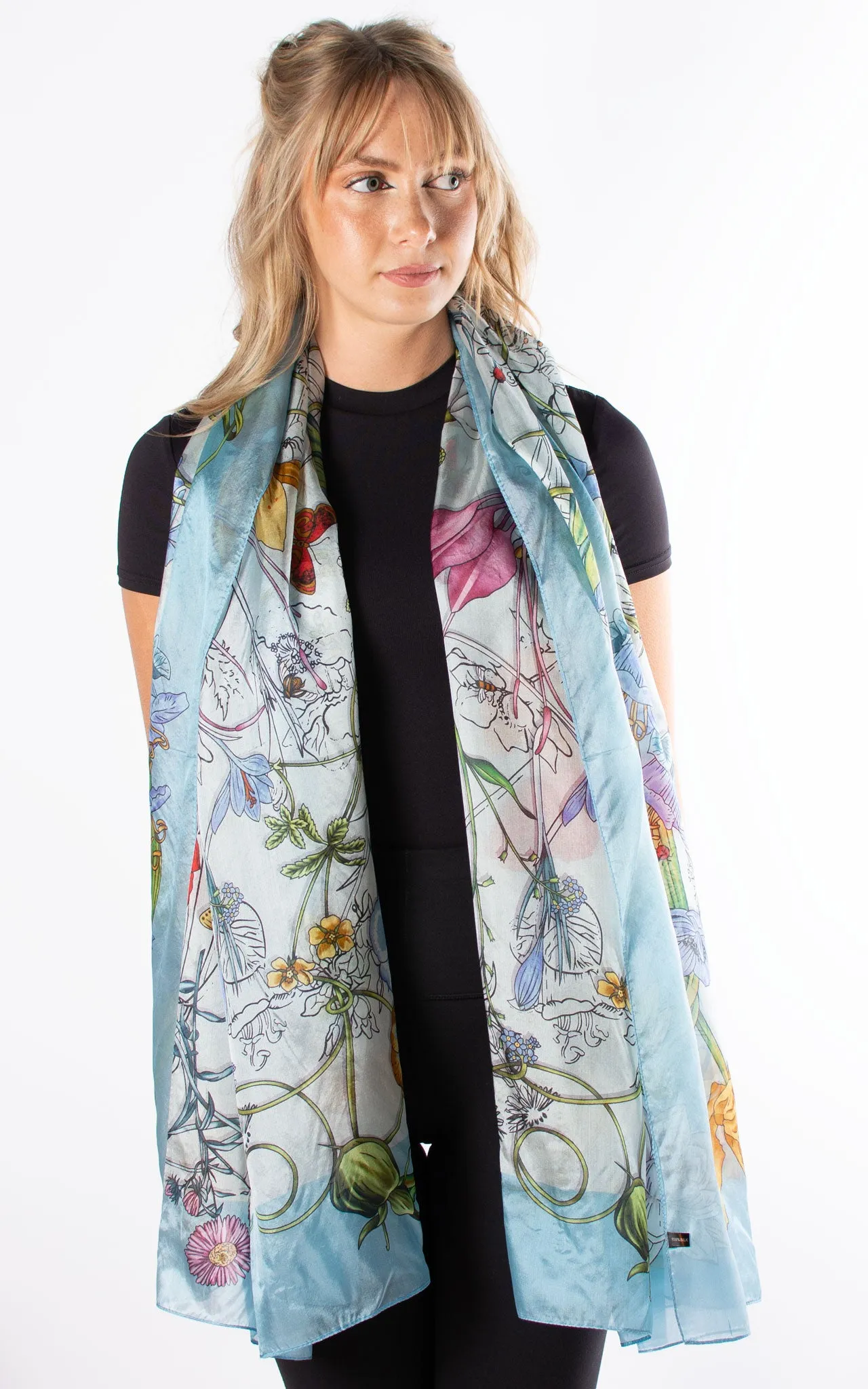 Aqua Border Floral Silk Scarf