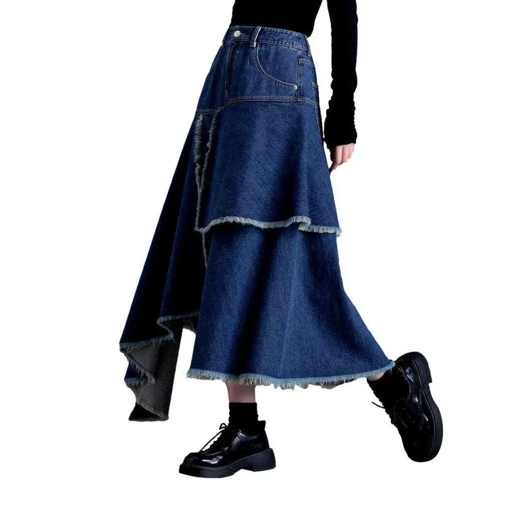 Asymmetric patchwork long denim skirt