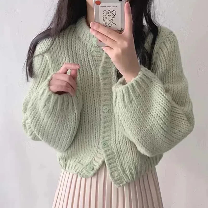 Autumn Winter Solid Knitted Cardigan Women Korean Cropped Sweaters Fashion Casual Soft Sweet Office Lady Jumpers Outerwear