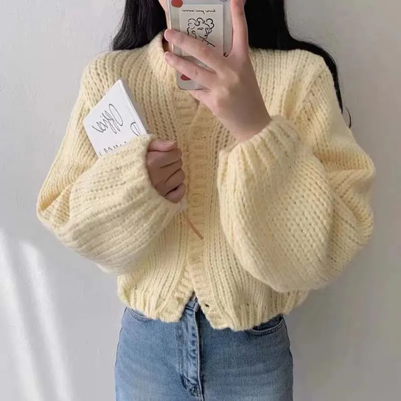 Autumn Winter Solid Knitted Cardigan Women Korean Cropped Sweaters Fashion Casual Soft Sweet Office Lady Jumpers Outerwear