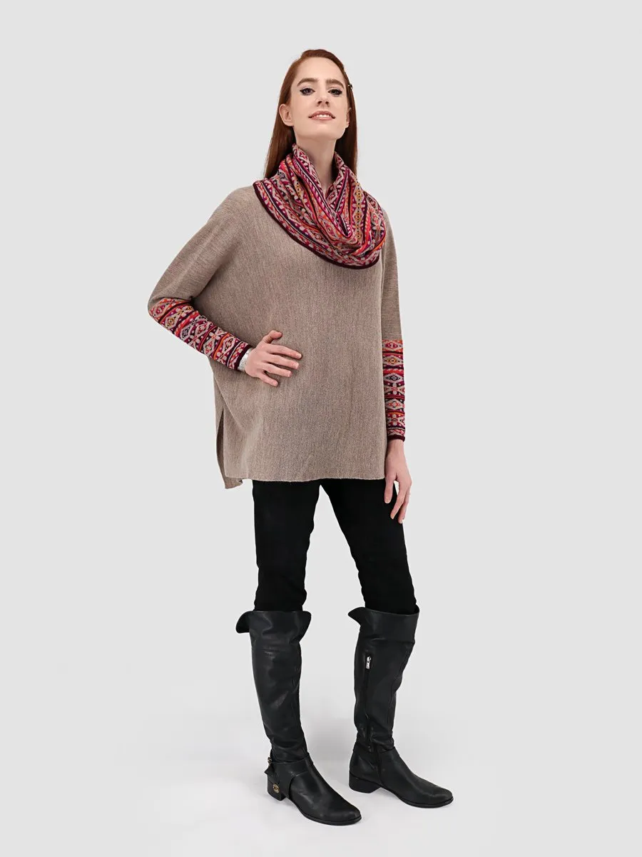 Baby Alpaca Cowl Neck Poncho with Sleeves - Sand Multi-color