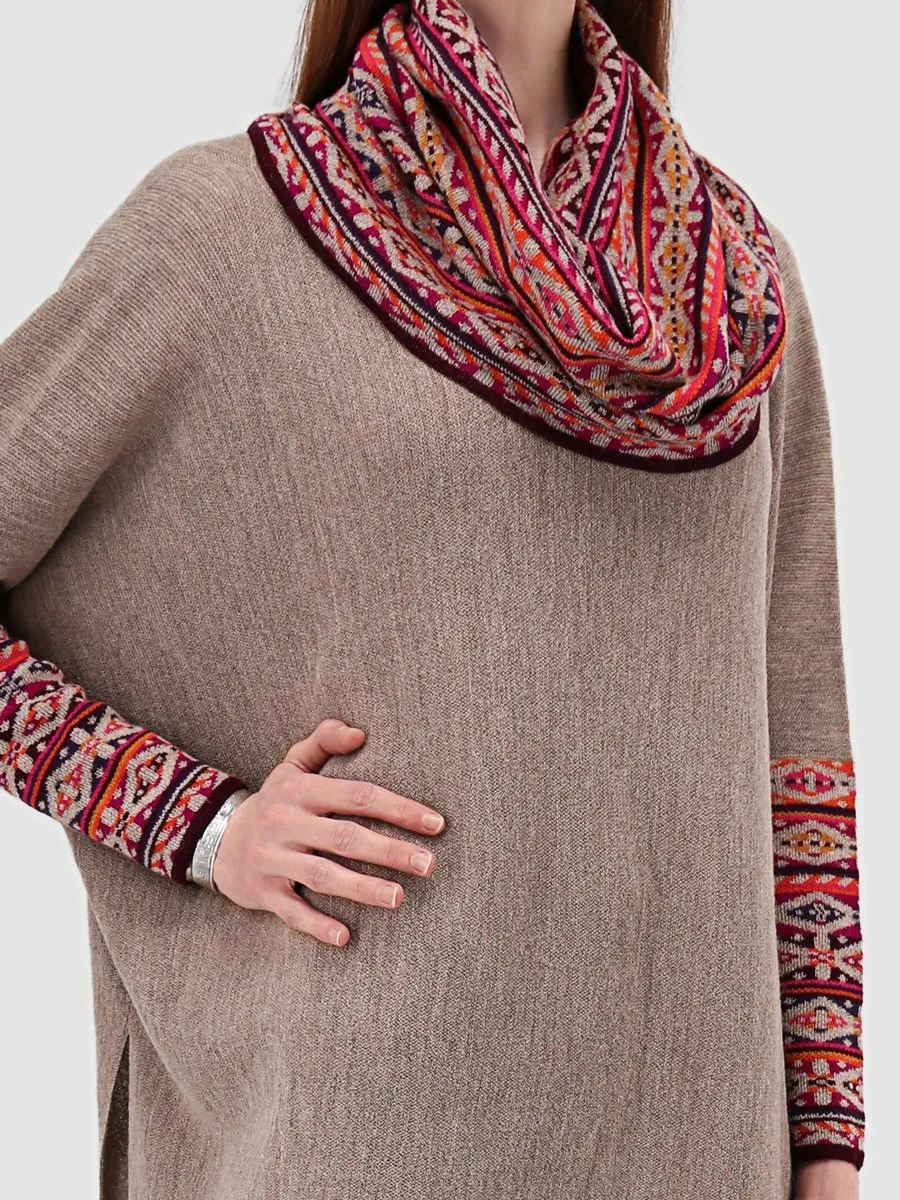 Baby Alpaca Cowl Neck Poncho with Sleeves - Sand Multi-color