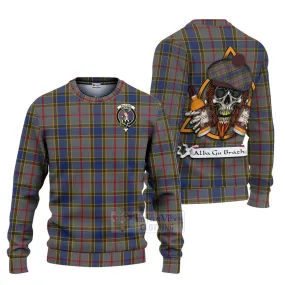 Balfour Tartan Ugly Sweater with Family Crest and Bearded Skull Holding Bottles of Whiskey