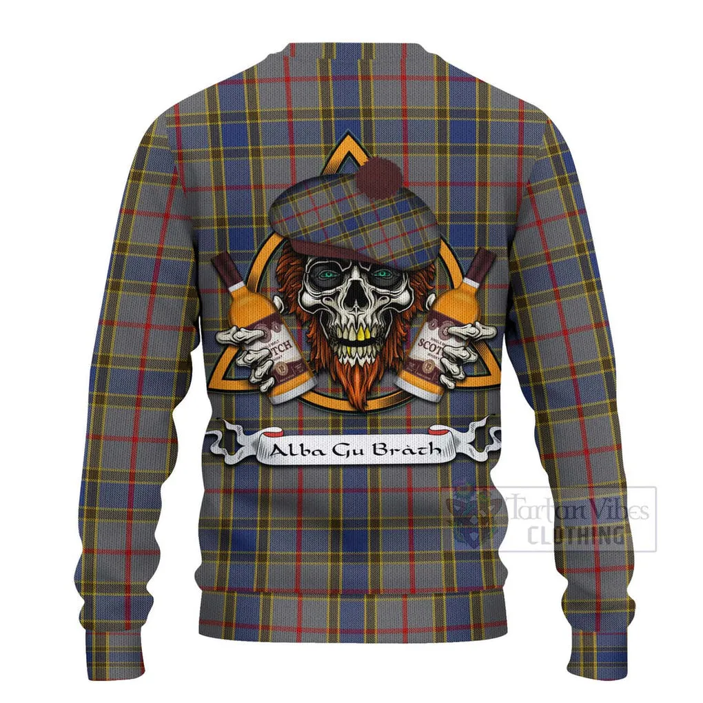 Balfour Tartan Ugly Sweater with Family Crest and Bearded Skull Holding Bottles of Whiskey