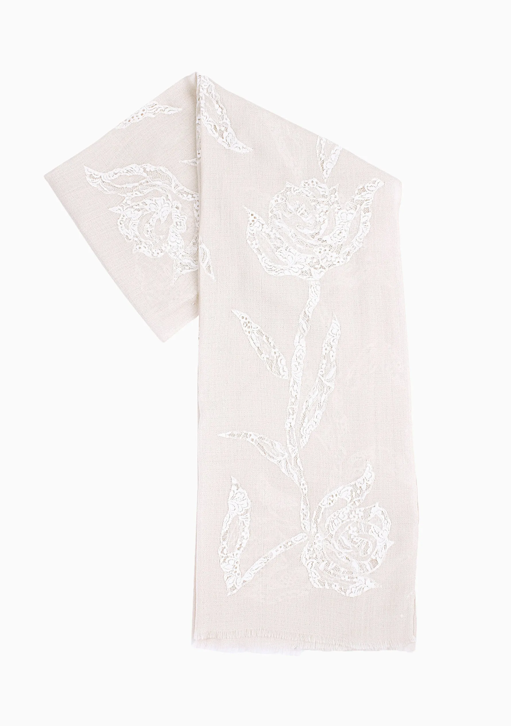 Beige Cashmere Scarf with Ivory Rose Lace Applique