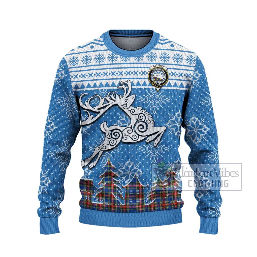 Bethune Clan Christmas Ugly Sweater with Tartan and Celtic Reindeer Style