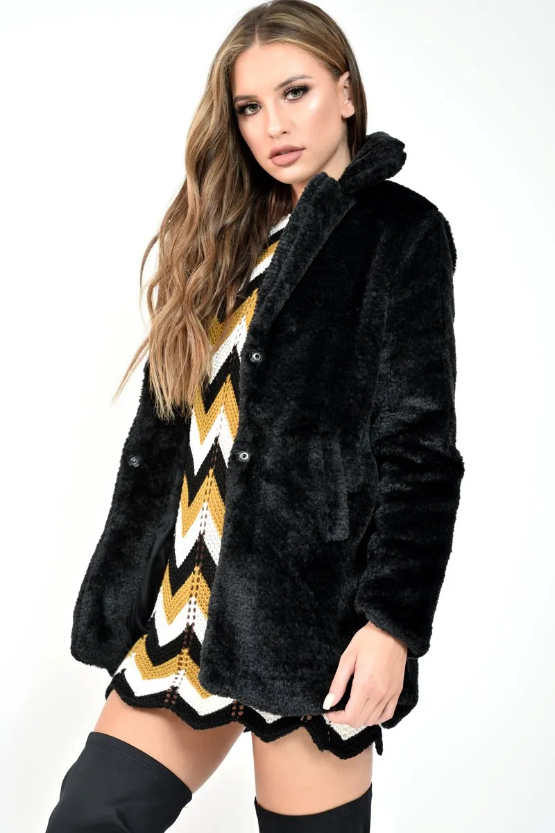 Black Faux Fur Popper Button Coat - Clarisa