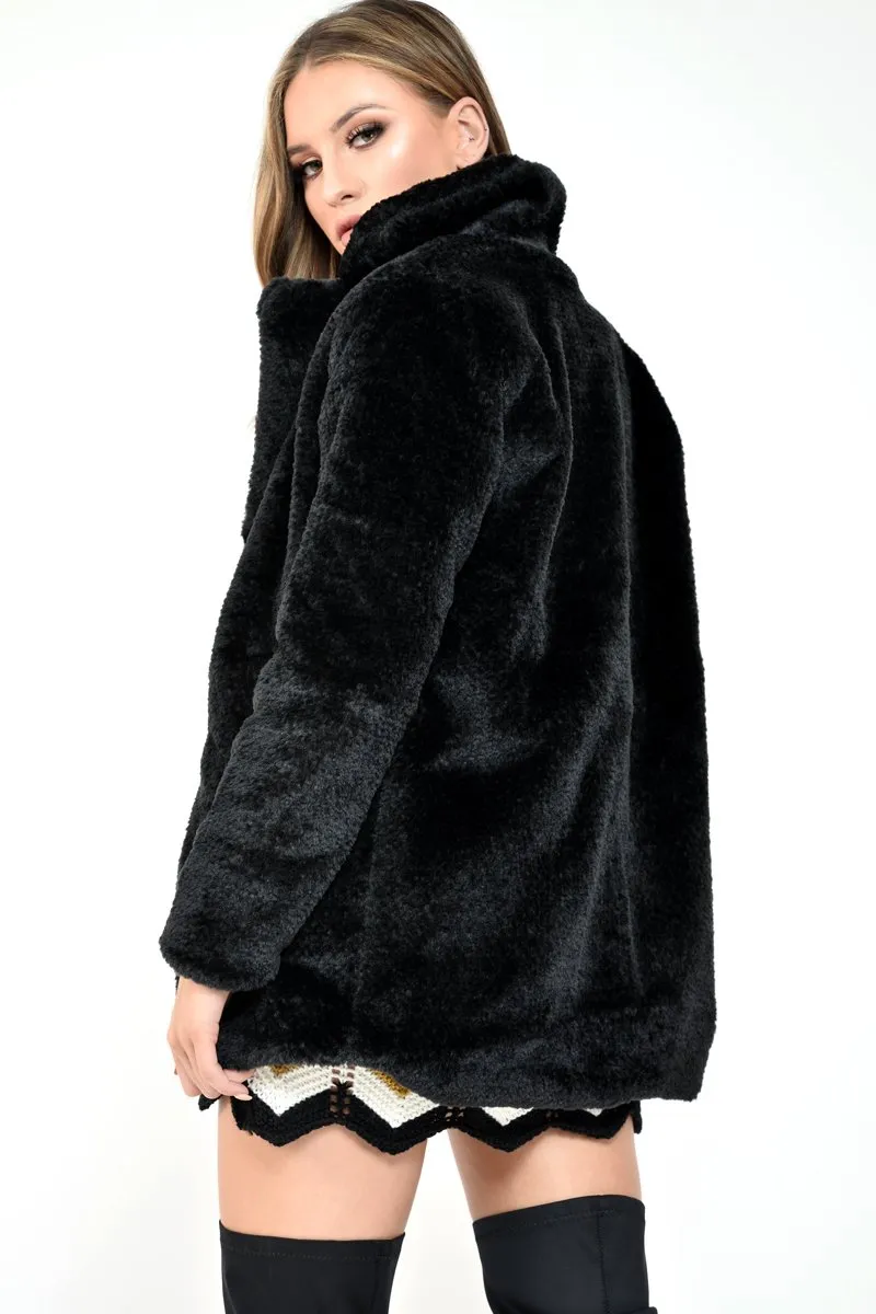 Black Faux Fur Popper Button Coat - Clarisa