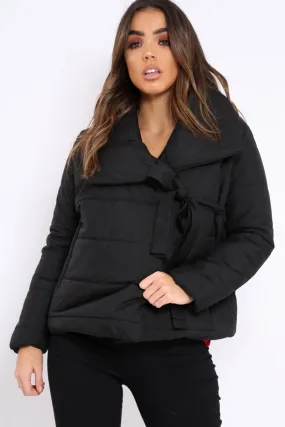 Black Puffer Jacket with Tie Front - Lolamae