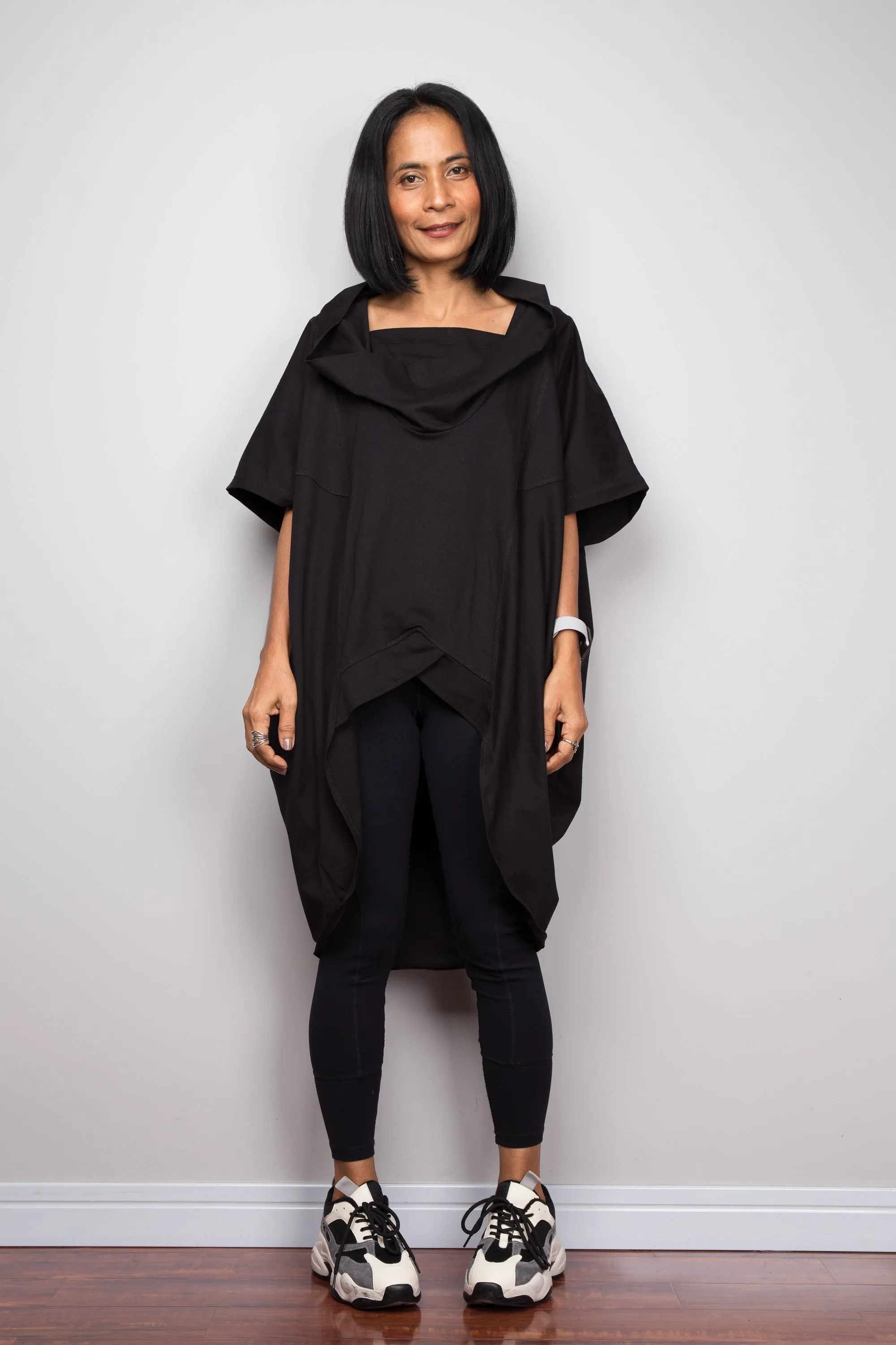 Black pullover tunic dress with cowl neck