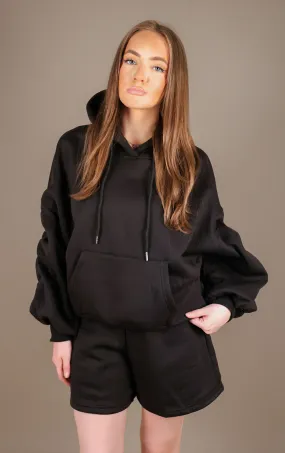 Black Tracksuit Ruched Hoodie and Shorts Set