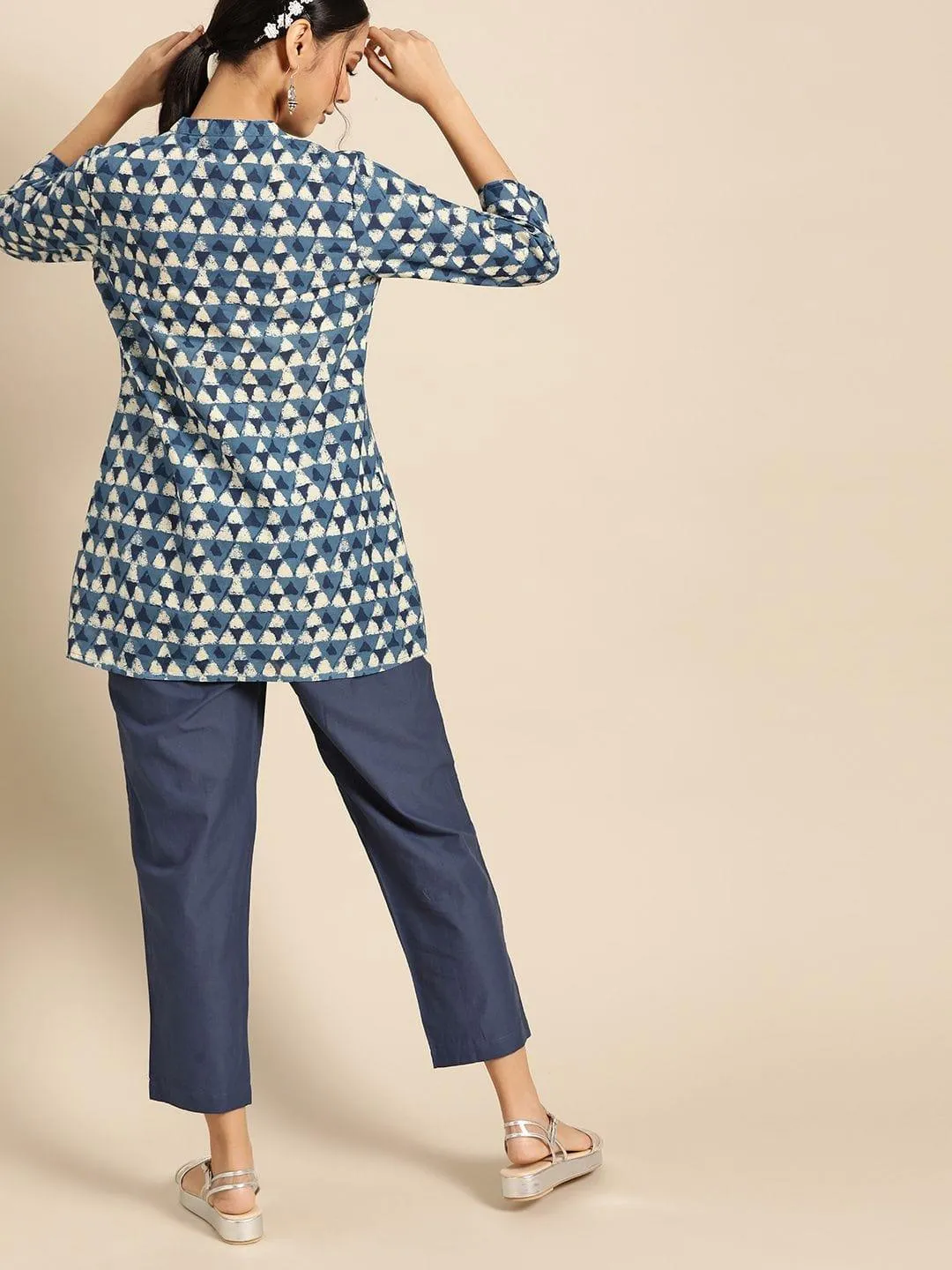 Blue & White Pure Cotton Printed Tunic With Trousers