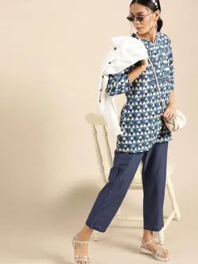 Blue & White Pure Cotton Printed Tunic With Trousers