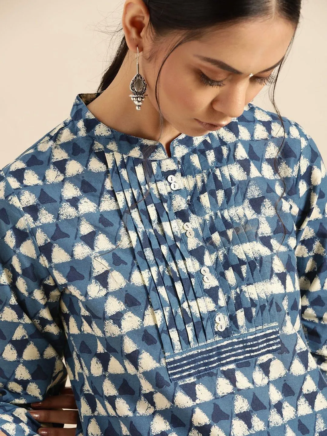 Blue & White Pure Cotton Printed Tunic With Trousers