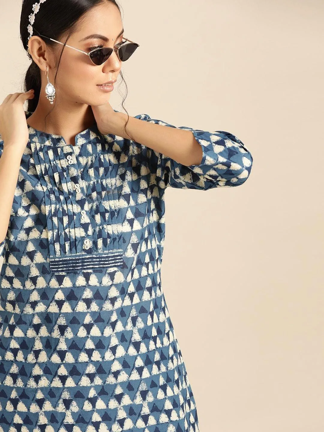 Blue & White Pure Cotton Printed Tunic With Trousers