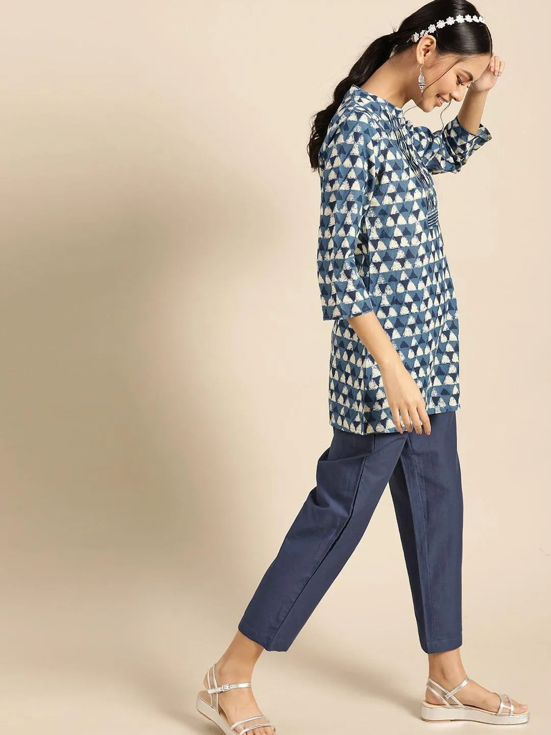 Blue & White Pure Cotton Printed Tunic With Trousers