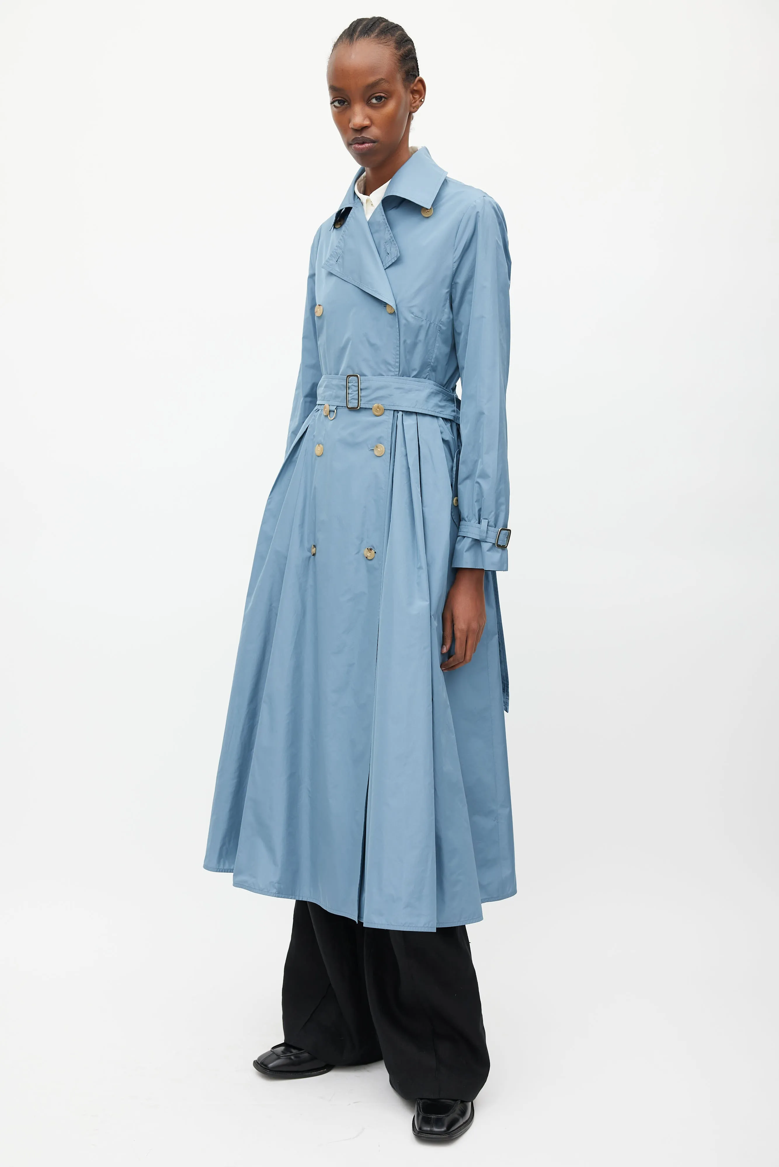 Blue Nylon A-Line Belted Trench Coat