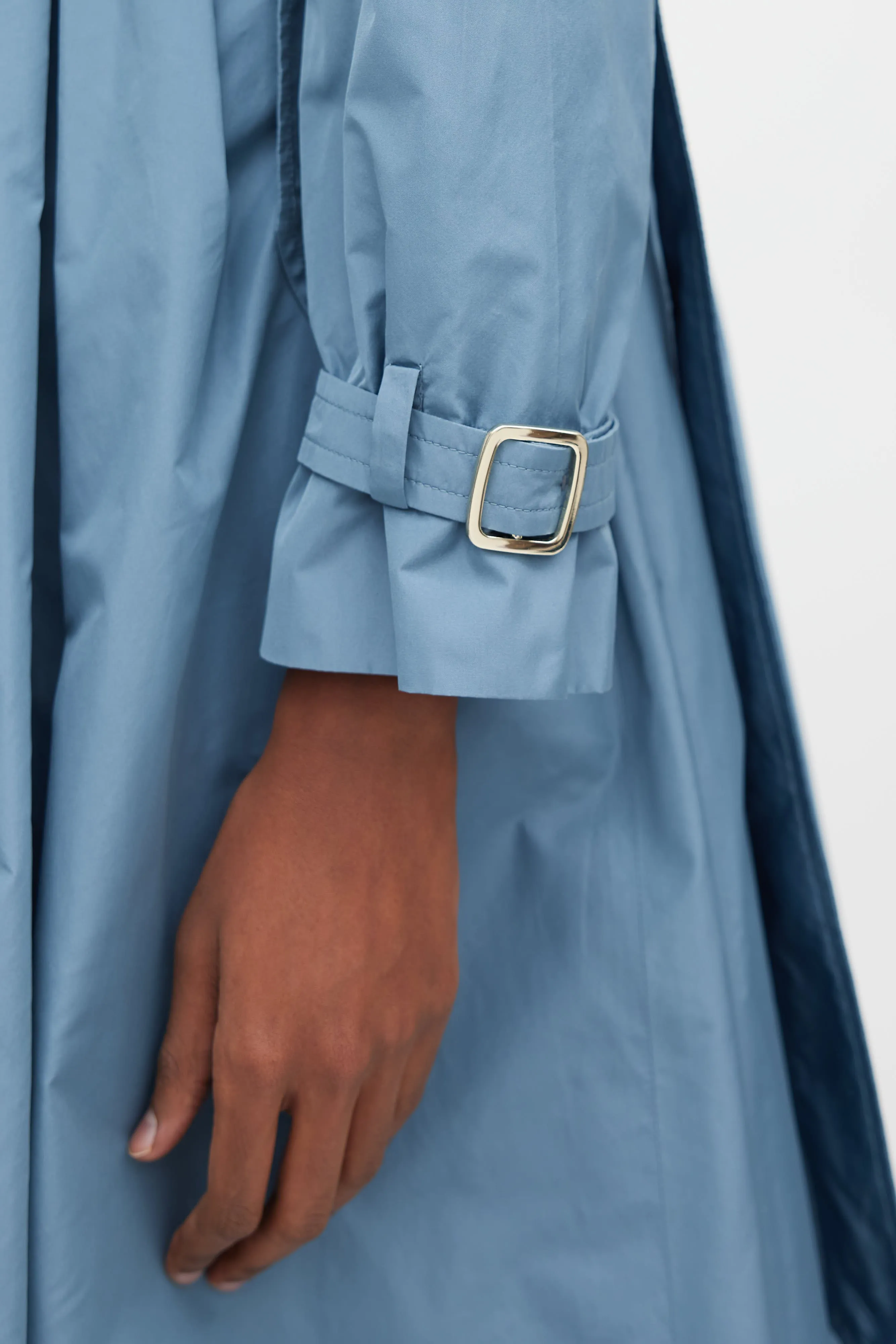 Blue Nylon A-Line Belted Trench Coat