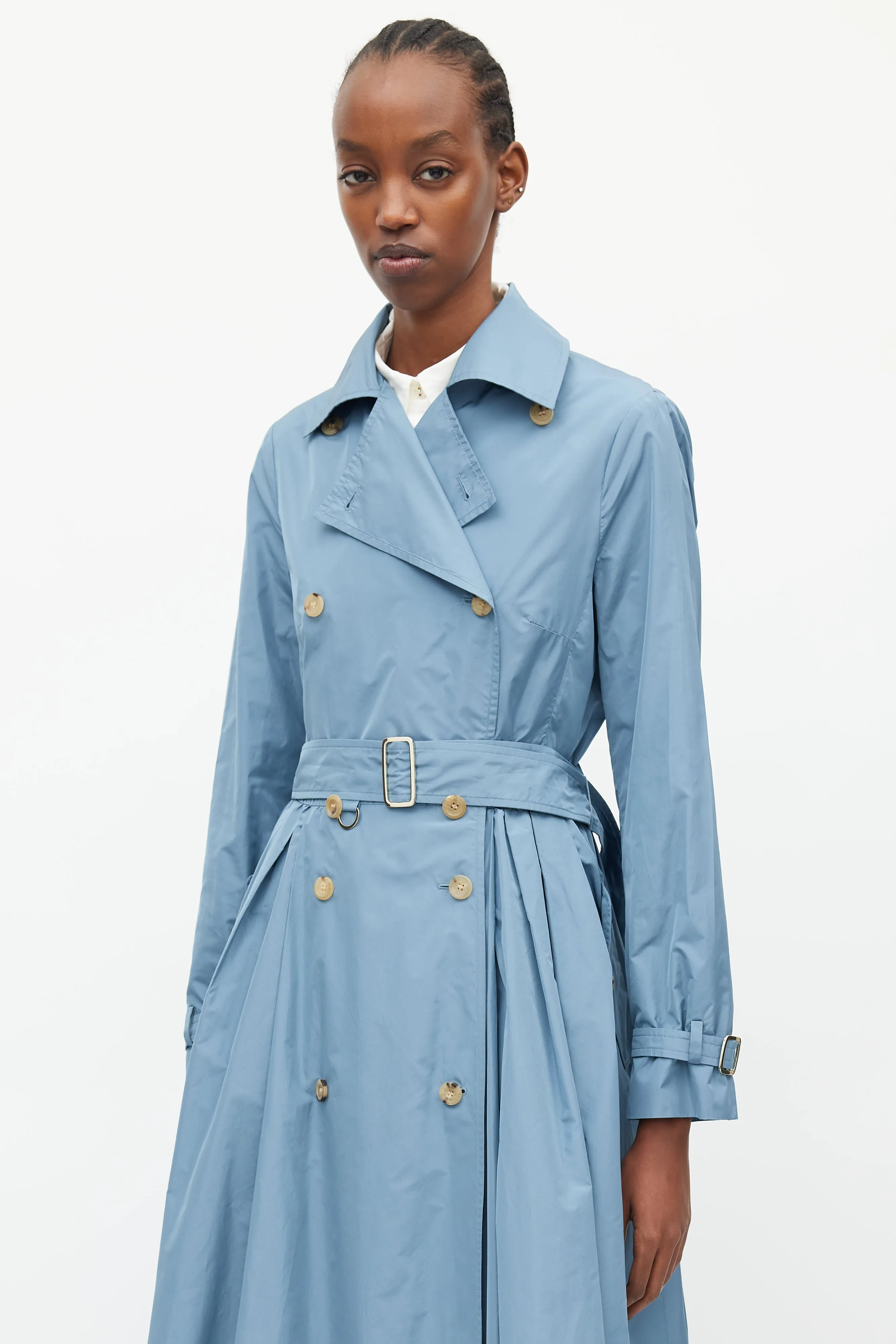 Blue Nylon A-Line Belted Trench Coat