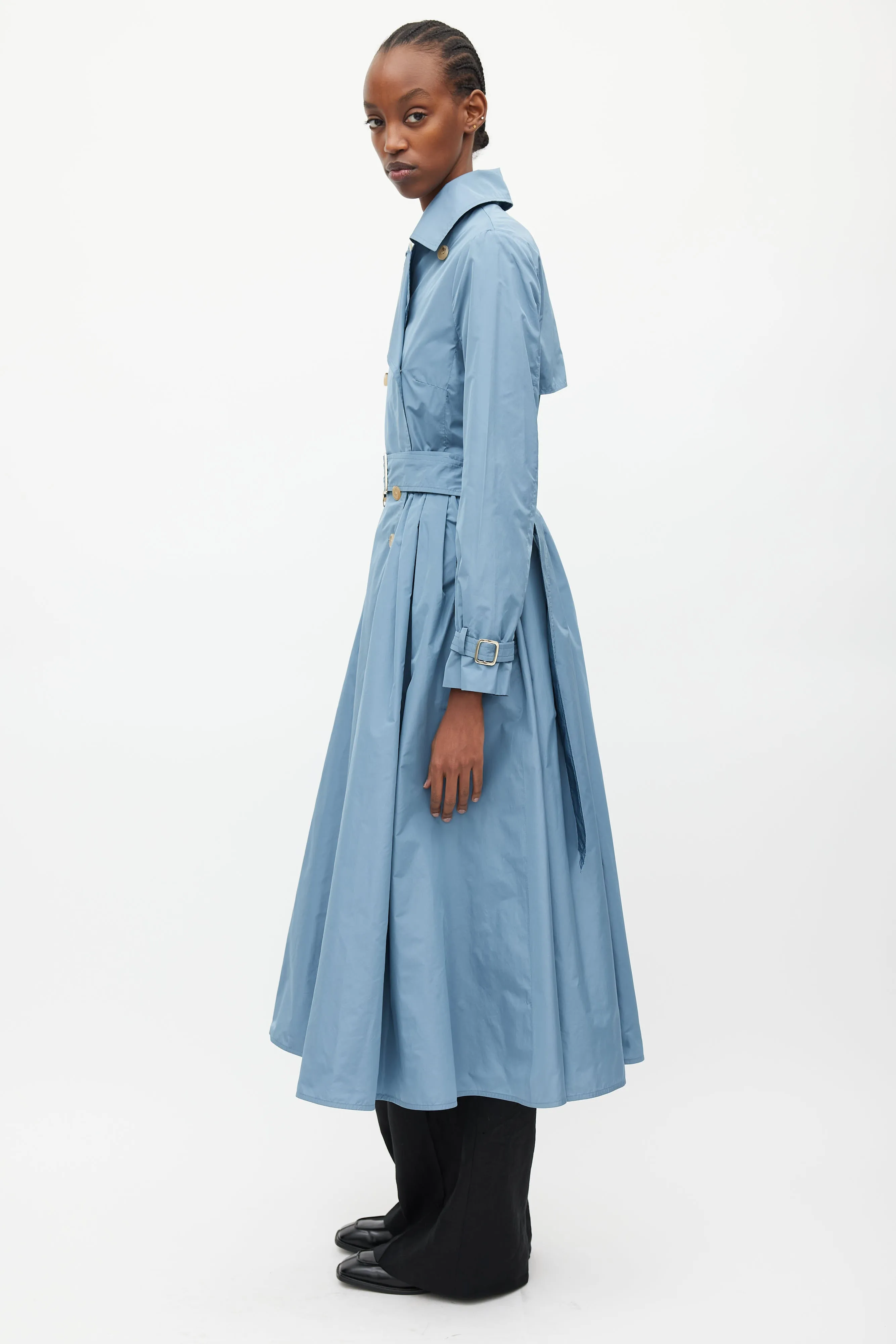 Blue Nylon A-Line Belted Trench Coat