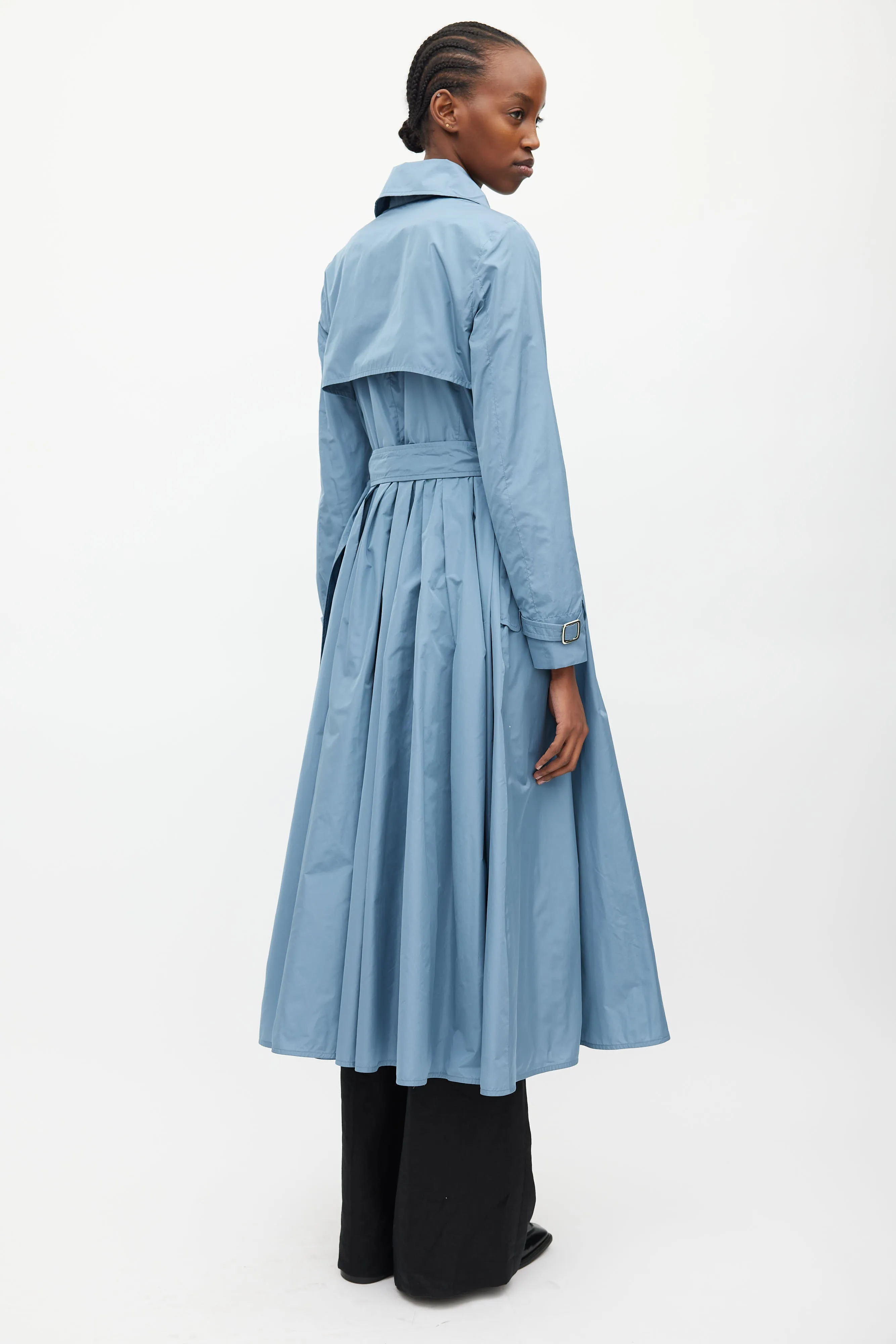 Blue Nylon A-Line Belted Trench Coat