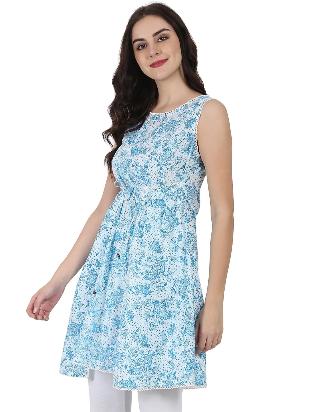 Blue Printed Sleeveless Cotton Tunic