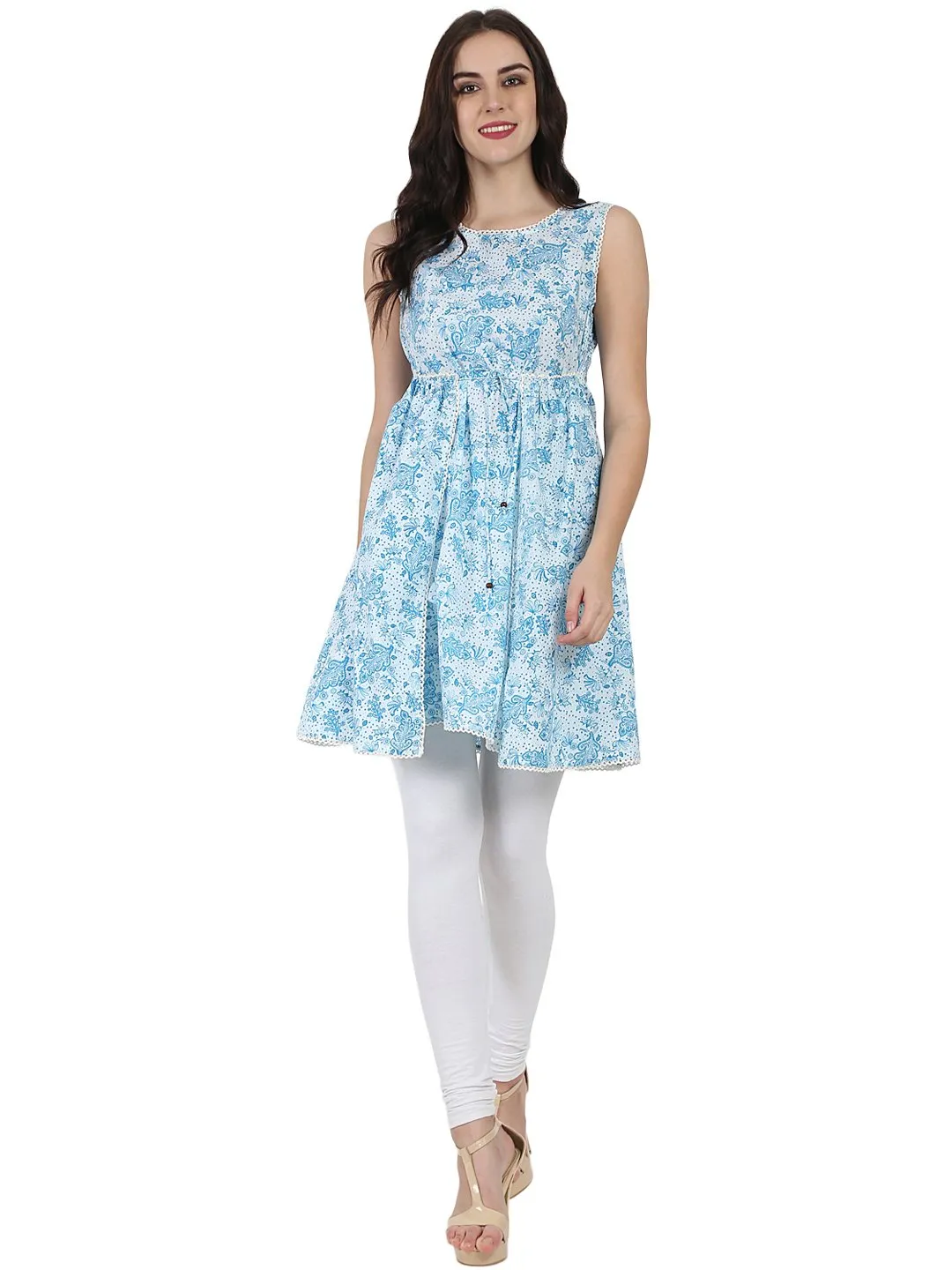 Blue Printed Sleeveless Cotton Tunic