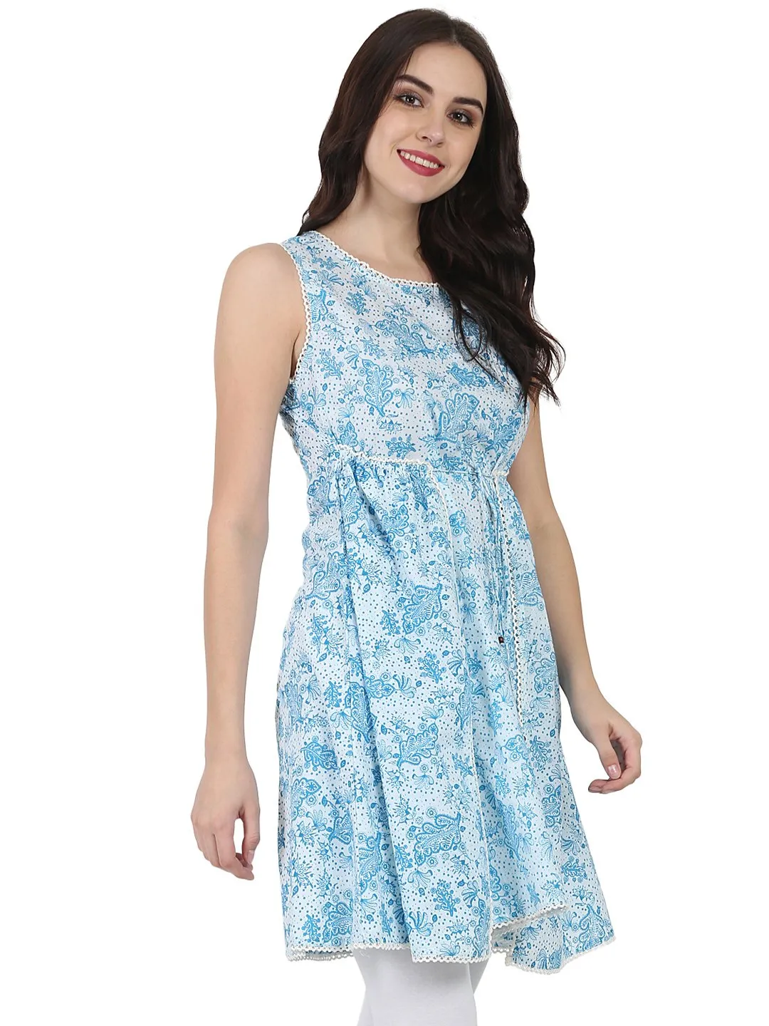 Blue Printed Sleeveless Cotton Tunic