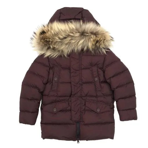 Boys Marroon Down Coat With Fur Hood