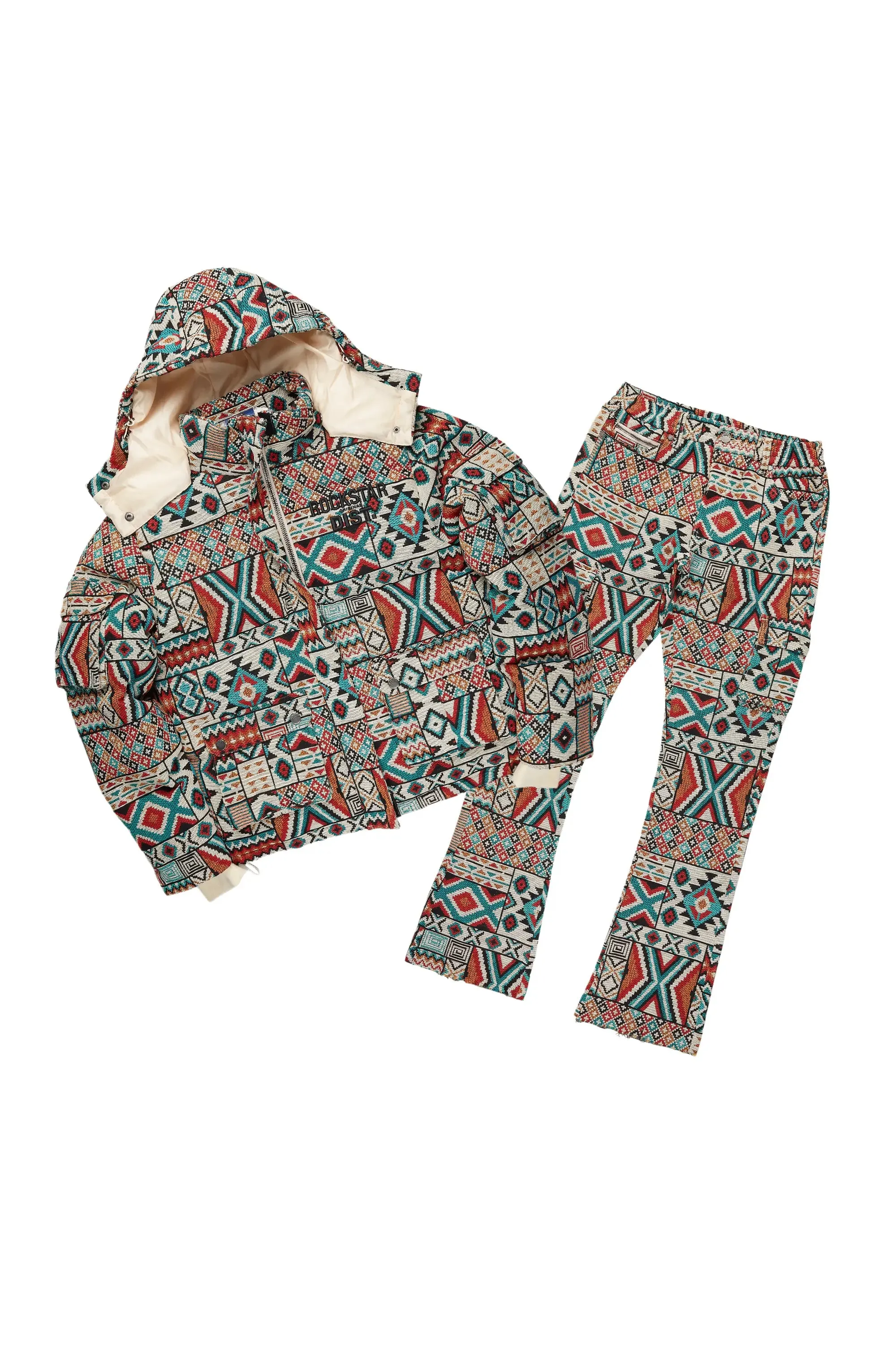 Boys Nard Beige Multi Tapestry Puffer Jacket/Flare Jean Set