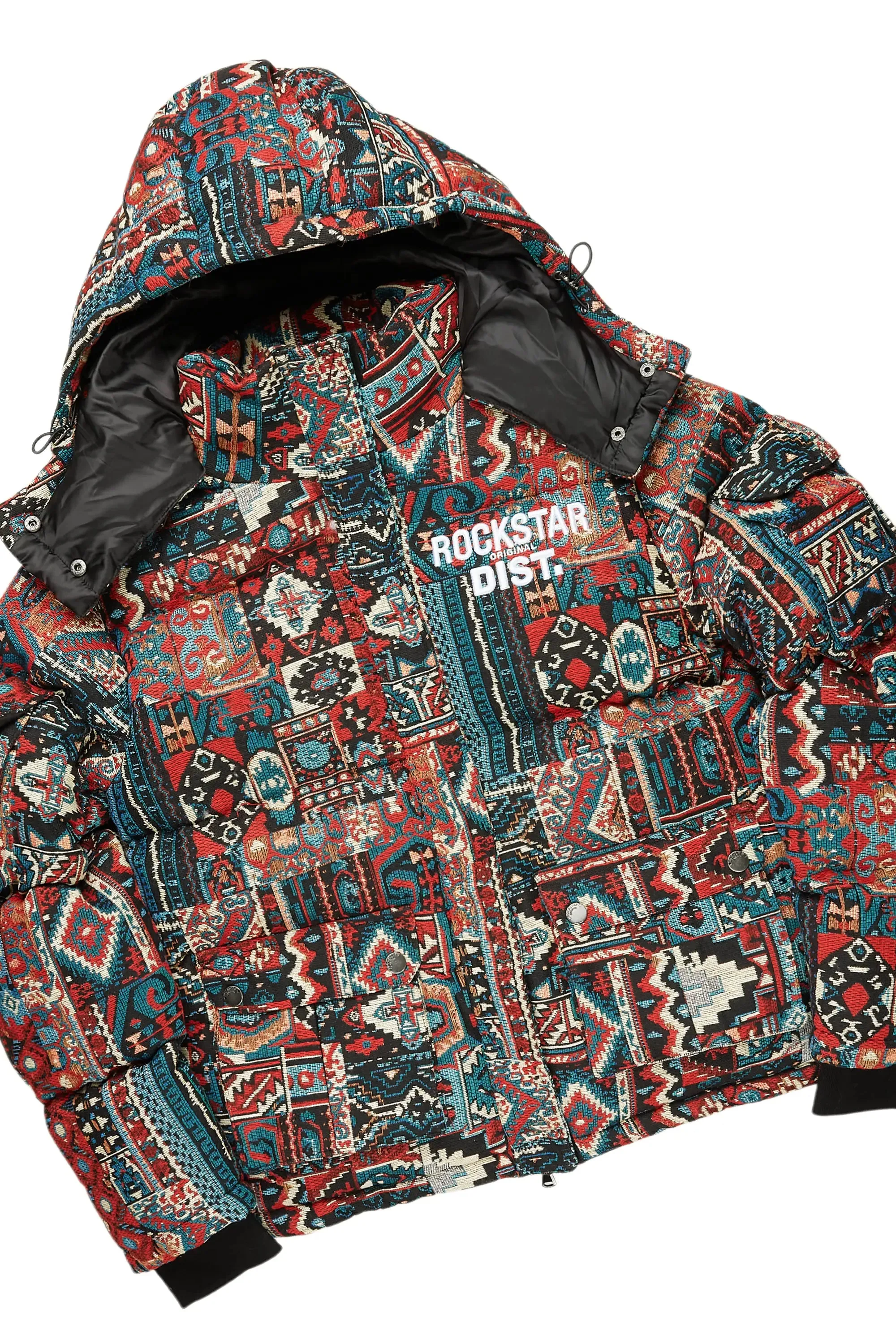 Boys Nard Red Multi Tapestry Puffer Jacket/Flare Jean Set