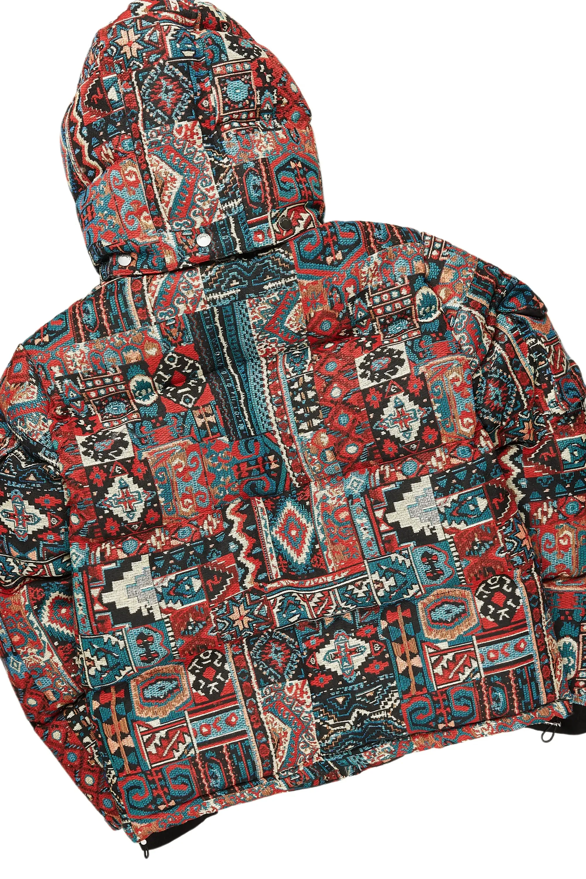 Boys Nard Red Multi Tapestry Puffer Jacket/Flare Jean Set