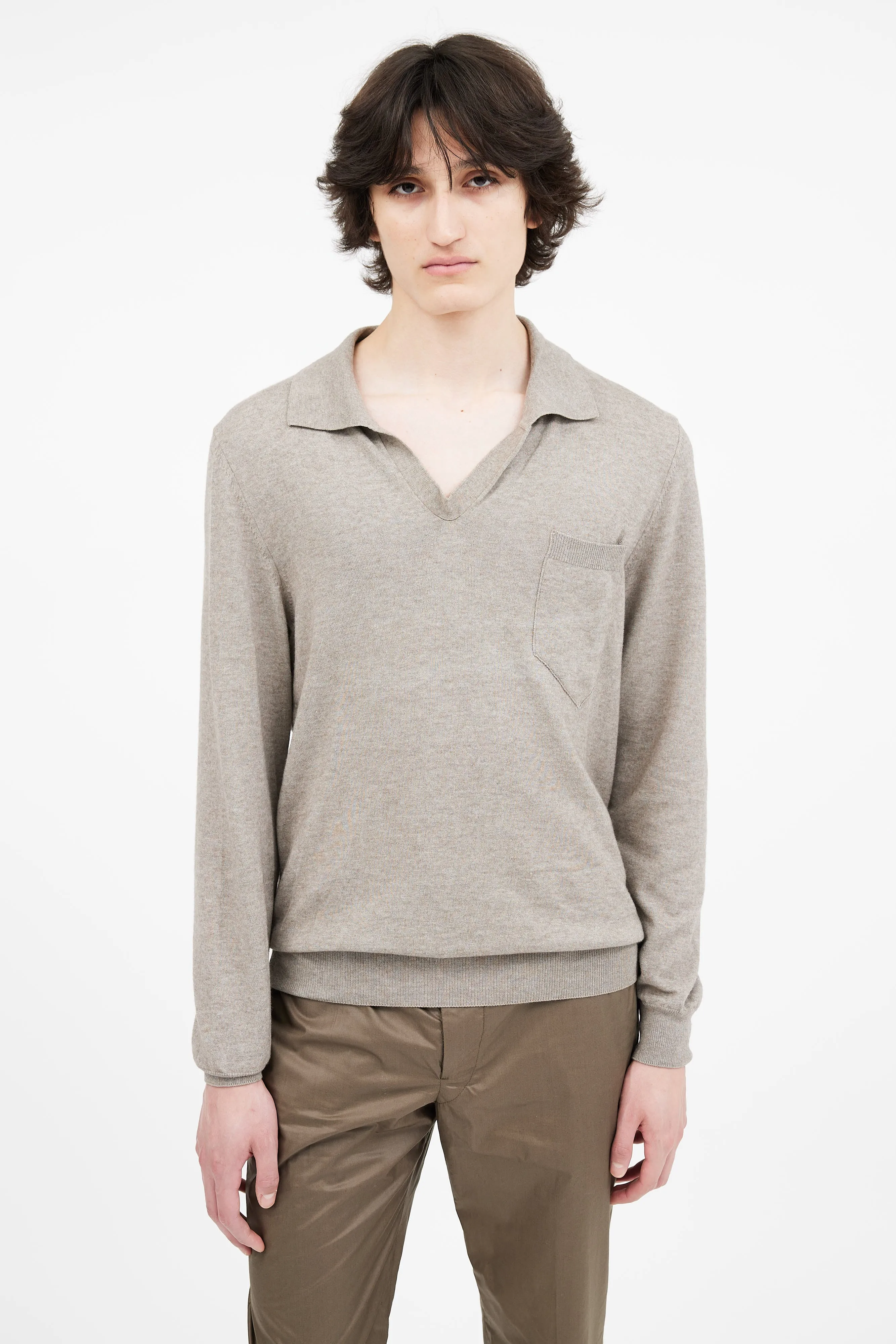 Brown Wool Blend Polo Sweater