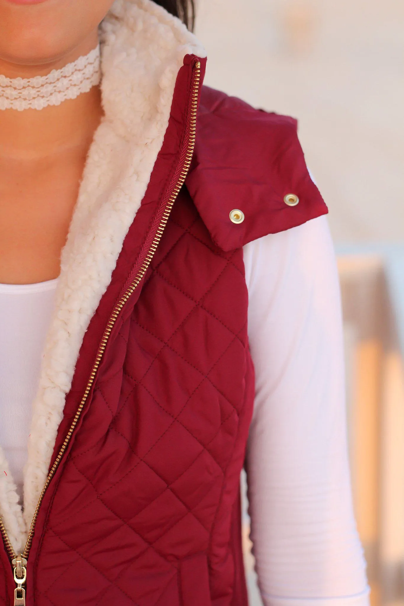 Burgundy Quilted Vest with Fur Collar