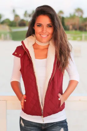 Burgundy Quilted Vest with Fur Collar