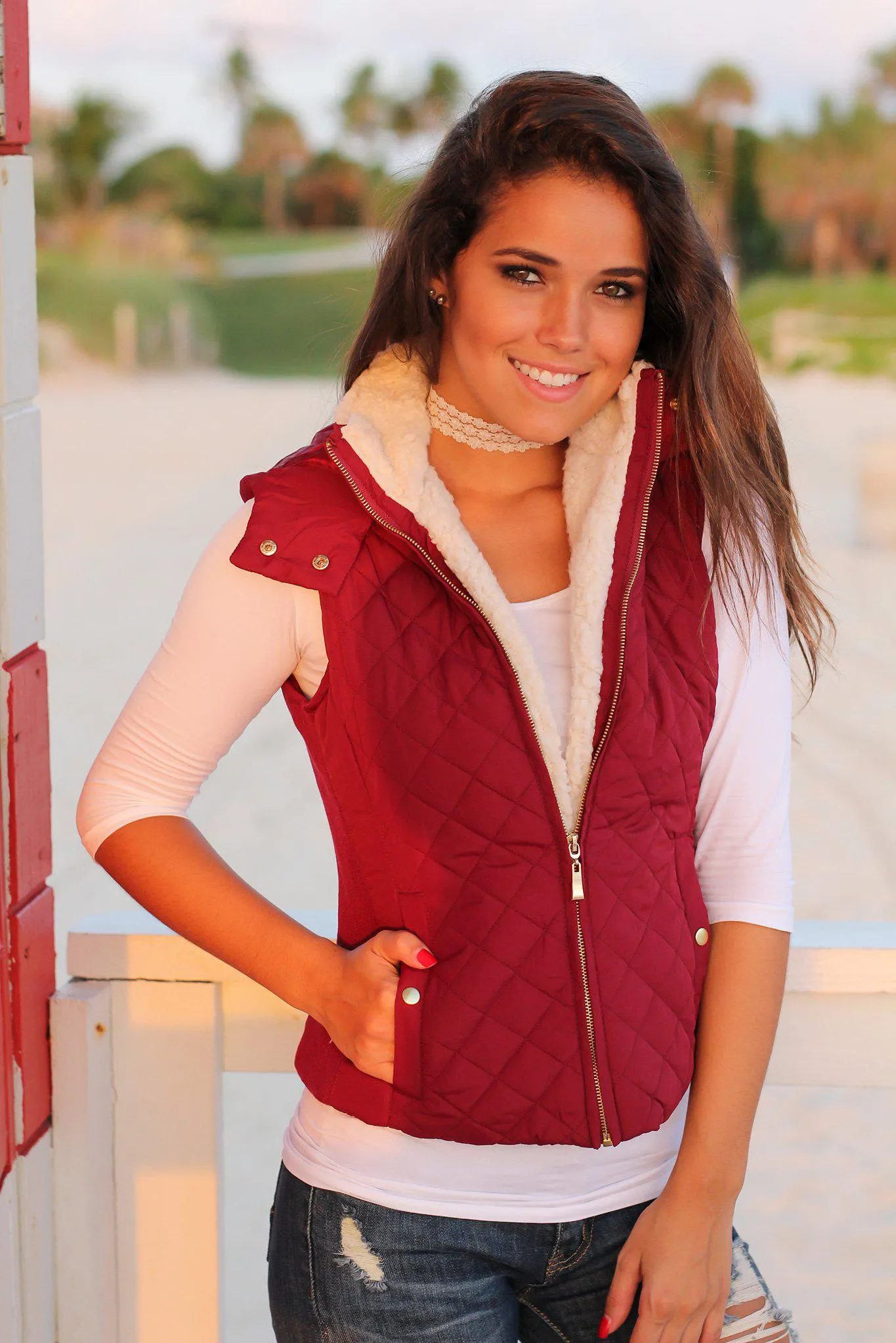 Burgundy Quilted Vest with Fur Collar