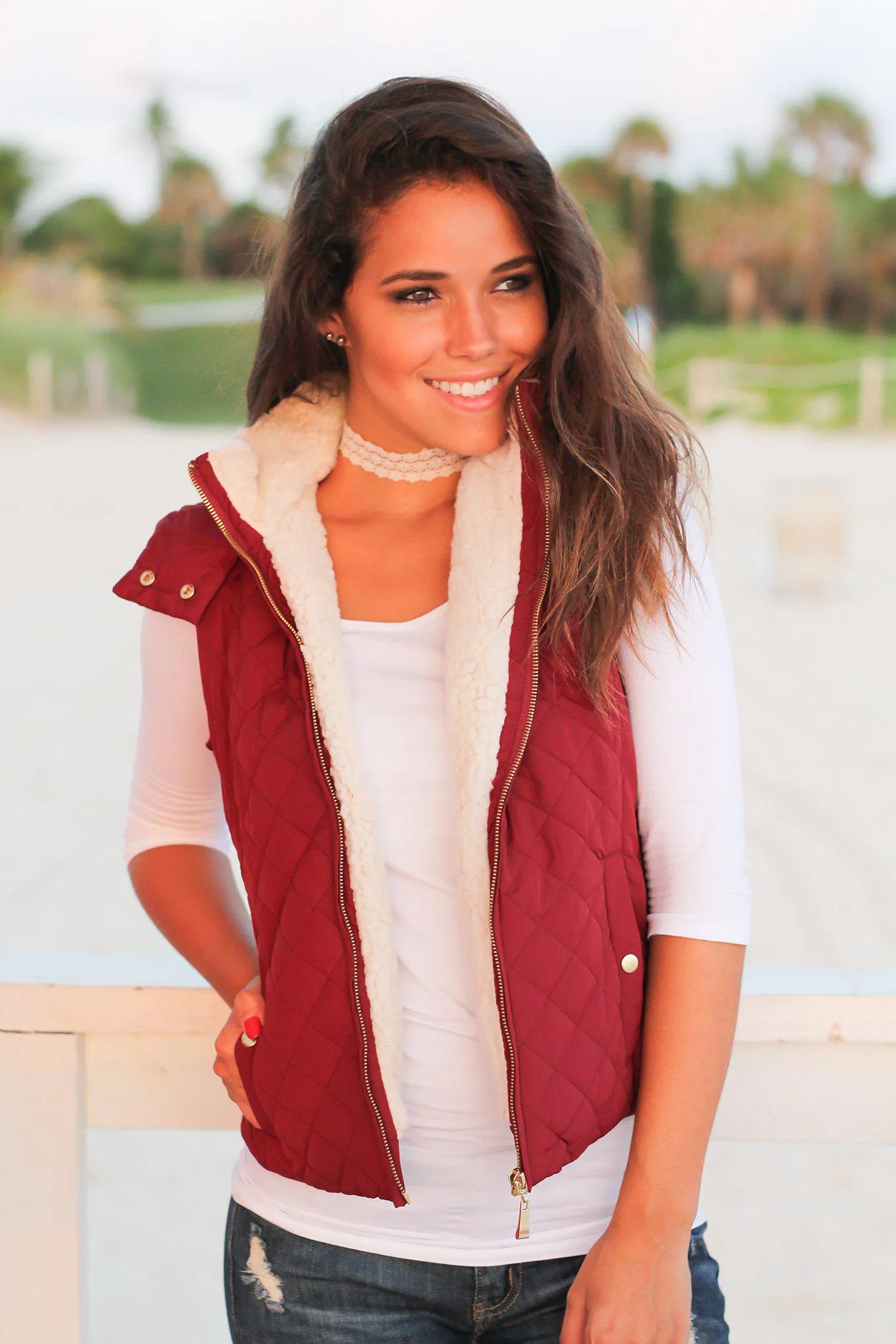 Burgundy Quilted Vest with Fur Collar