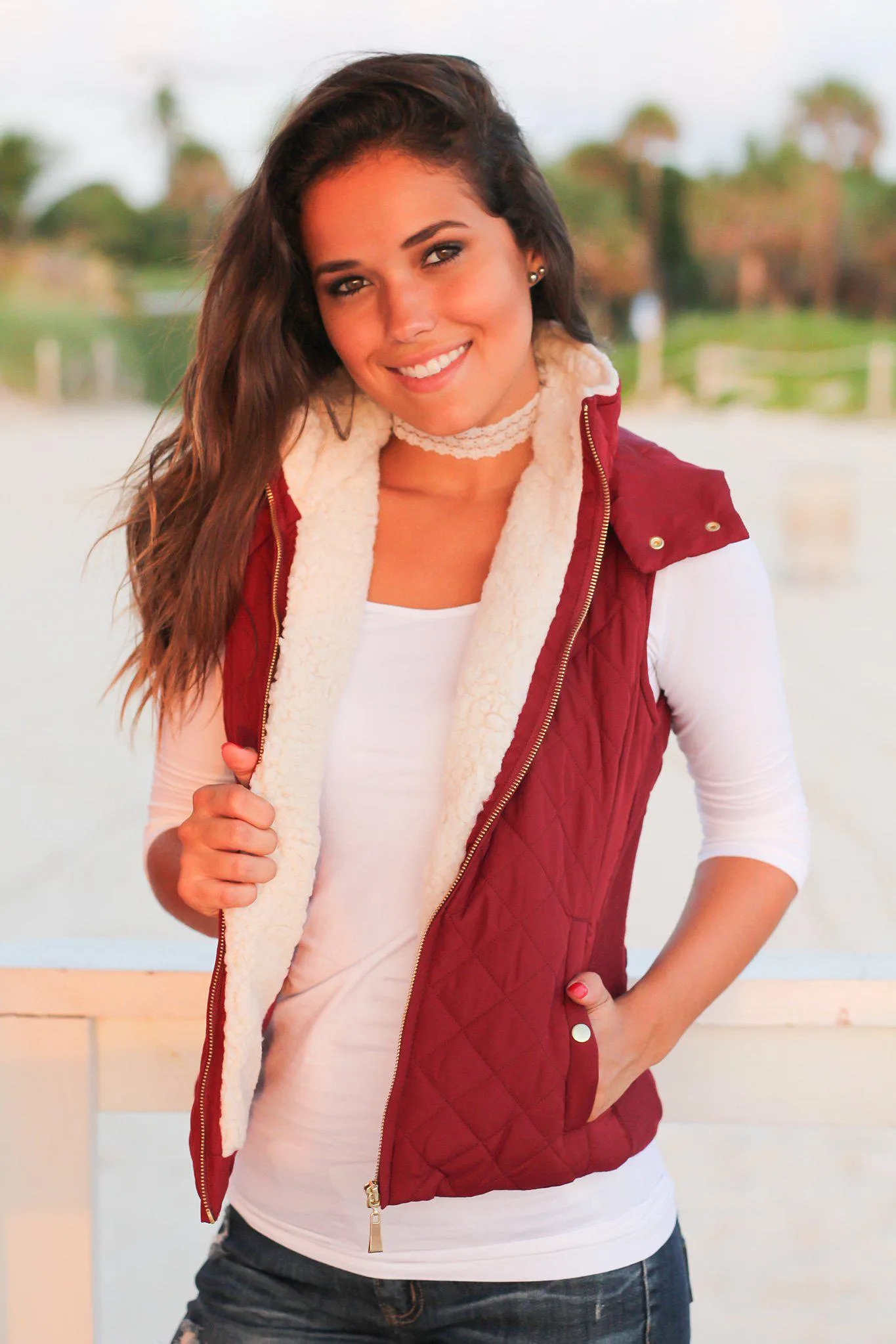 Burgundy Quilted Vest with Fur Collar