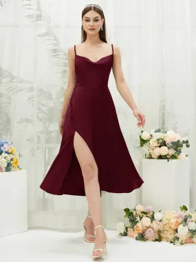 Burgundy Satin Cowl Neck Spaghetti Straps Button Slit Bridesmaid Dresses